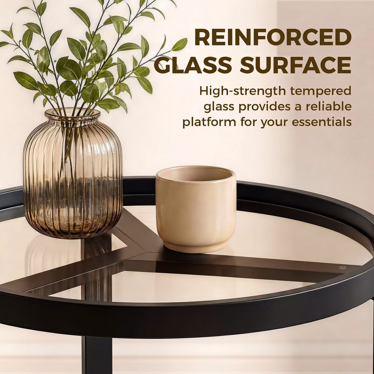 HOMCOM Round Side Table with Tempered Glass Top and Geometric Metal Frame, Black, W/D/H: 50 x 45 x 45 cm – 4