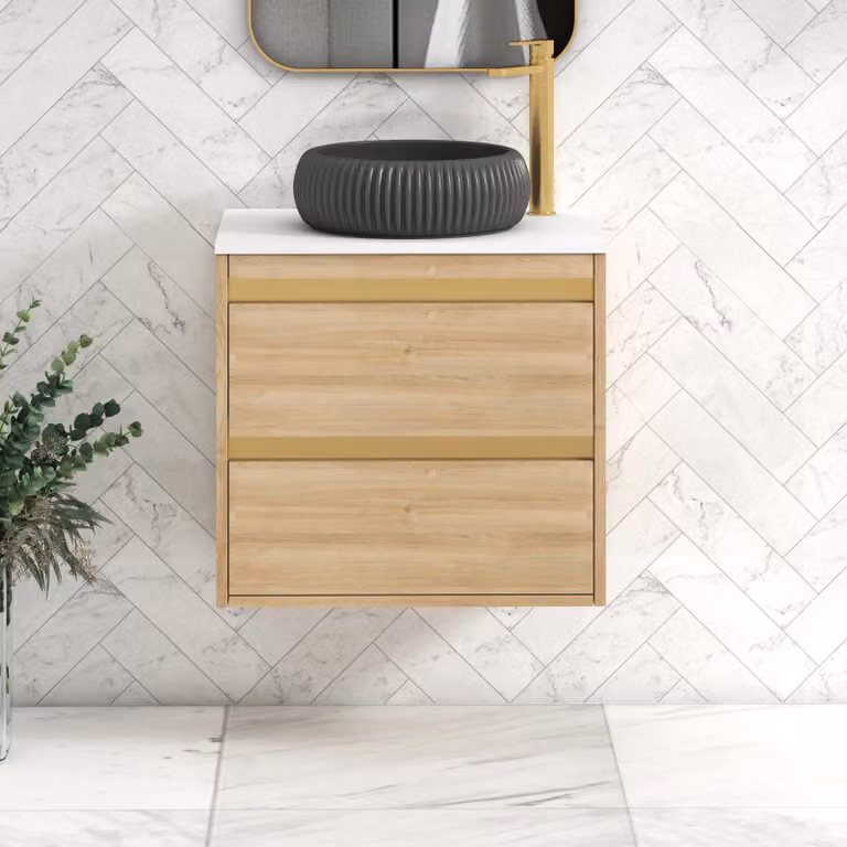 Royal Bathrooms Orion 600mm Natural Oak Wall Hung 2 Drawer Vanity Unit with Milan Black Basin and Brushed Brass Accent Trim