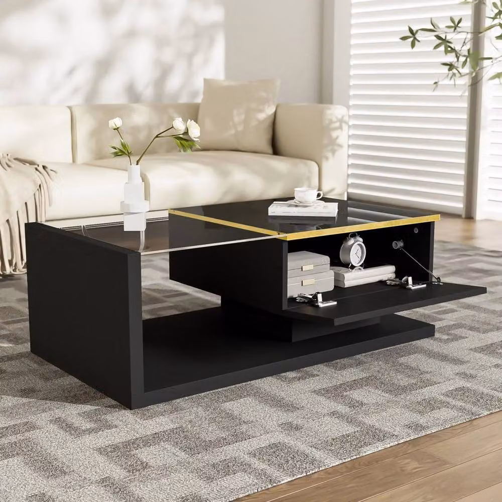 KORVIXA Modern Square Coffee Table with Glossy Black MDF and Glass Finish W/D/H: 50 x 50 x 32.5 cm – 4