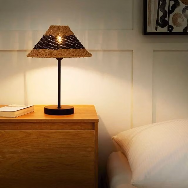 Wyld and Coco Handcrafted Paper Rope Table Lamp with Black Cone Shade in Beige