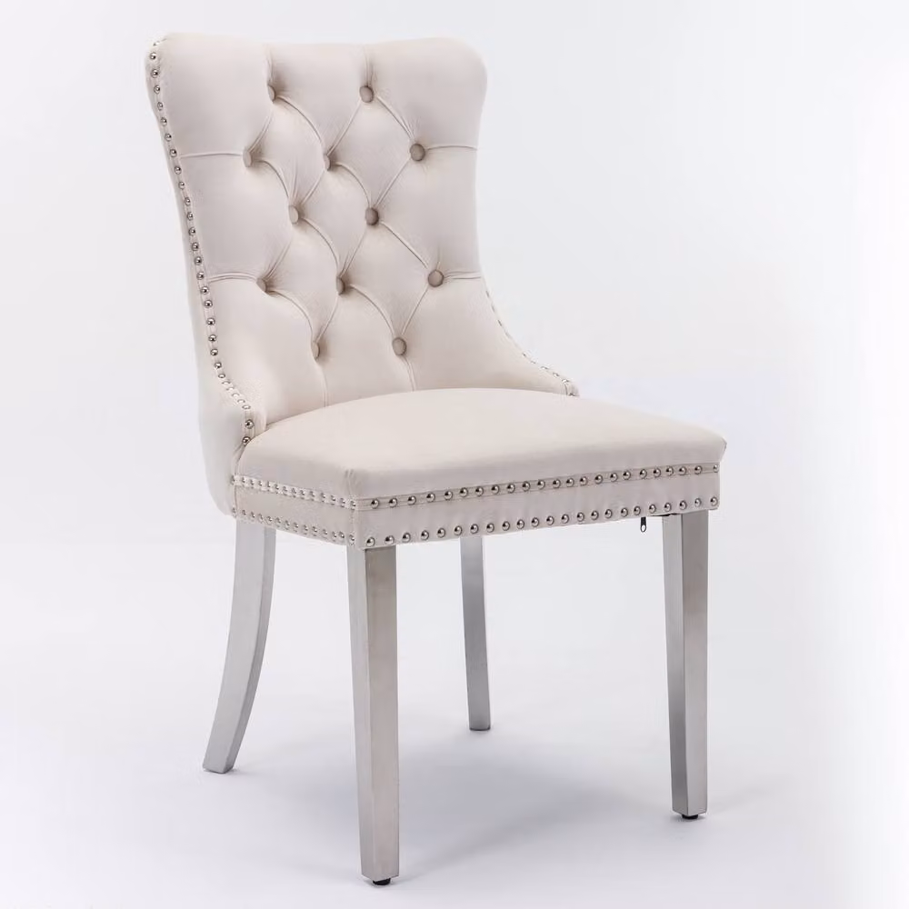 Modern Home Touch Winchester Set of 4 Beige Velvet Upholstered Dining Chairs with Silver Chrome Legs – 3
