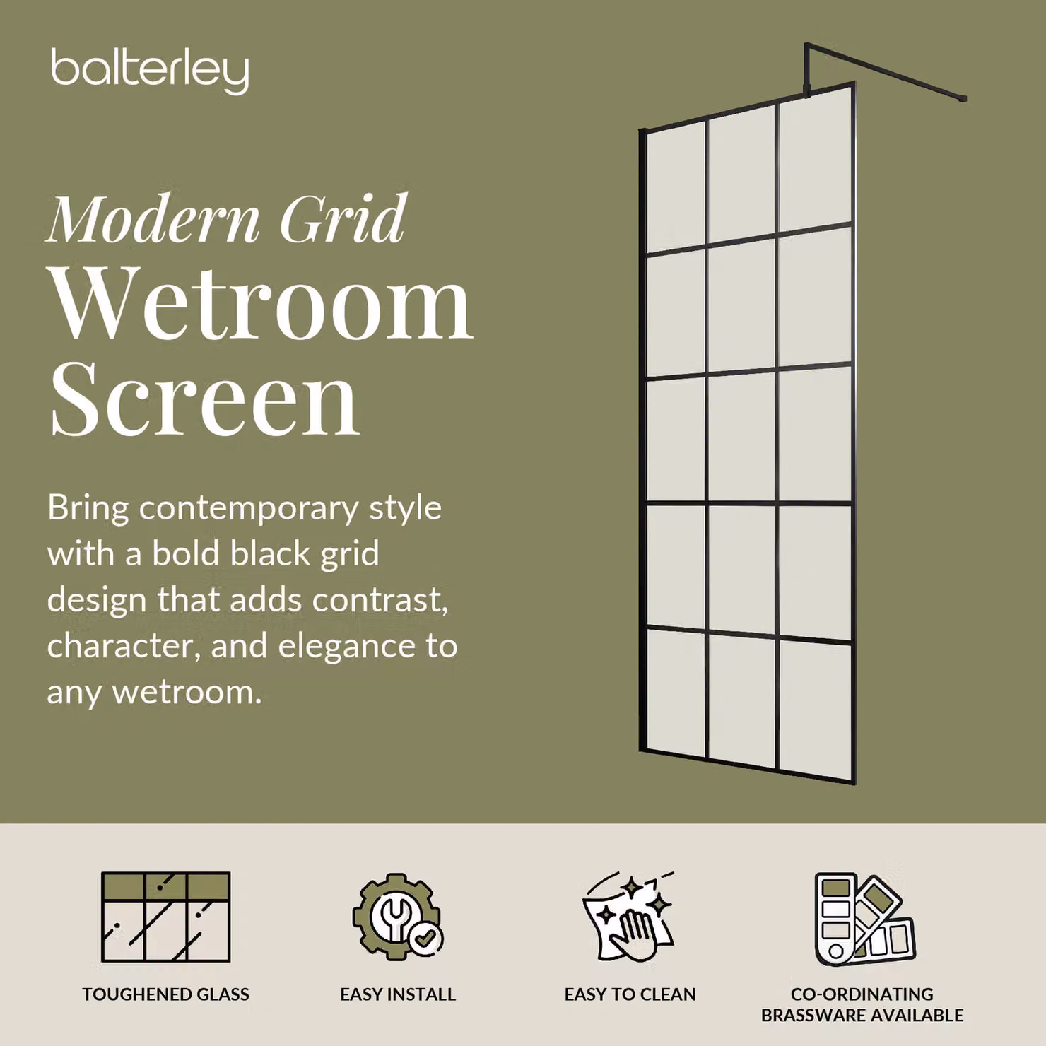 Balterley Single Panel 8mm Safety Glass Wetroom Screen with Black Frame, H 195 cm x W 90 cm – 2