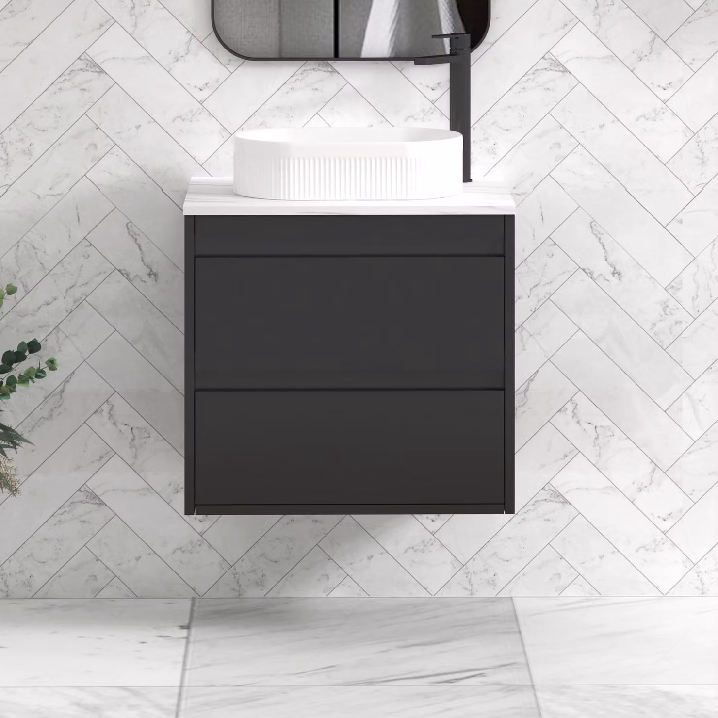 Royal Bathrooms Orion 2 Drawer Wall Hung Vanity Unit in Matt Obsidian Black with Carrara White Stone Top and Countertop Basin