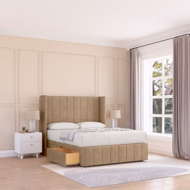 Sloomy Melbourne Naples Wingback Bed Set in Light Brown, Super King, with 2 Drawers and Floor Standing Headboard