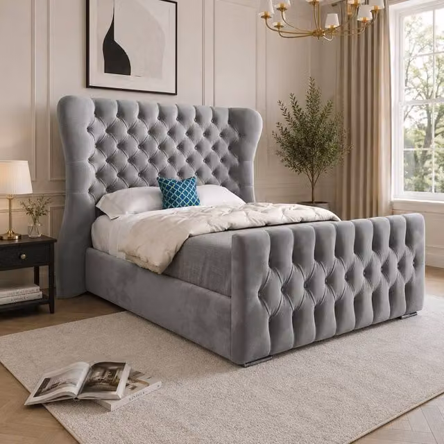 Casani Reedham Grey Velvet Upholstered Designer Bed Frame W/D/H: 137 x 120 x 200 cm