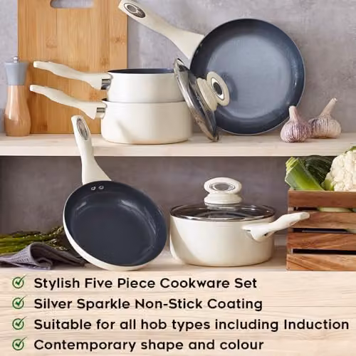 Cermalon 5-Piece Ceramic Cookware Set in Beige and Grey with Frying Pans, Saucepans and Lids – 2