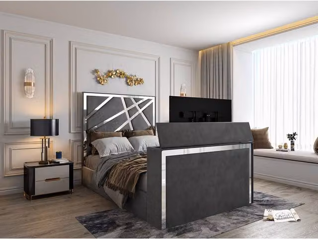 KDMD Morgan Super King Upholstered Soft Velvet TV Bed Frame in Grey