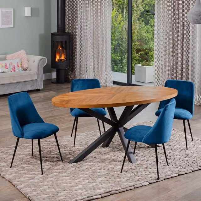 Artemis Home Dosenna Oval Dining Table Set with 4 Morandi Velvet Chairs in Blue