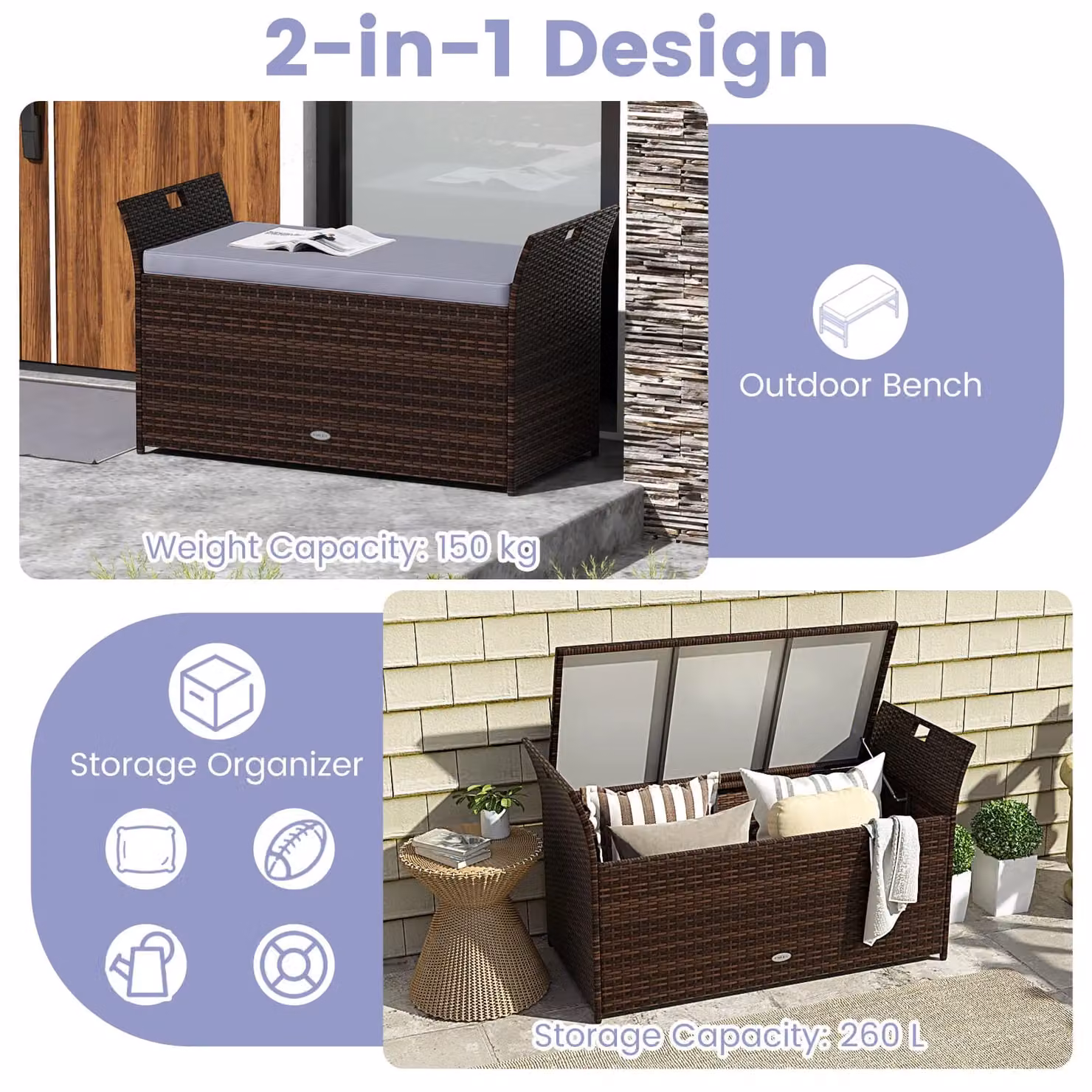 Costway Grey Hand-woven PE Rattan Wicker Outdoor Storage Bench – 6