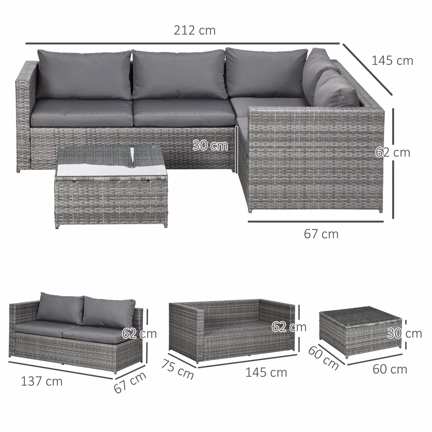 Outsunny 3 Piece Grey Polyrattan Garden Furniture Set with L-Shape Corner Sofa, 2 Seater Sofa, and Coffee Table – 3