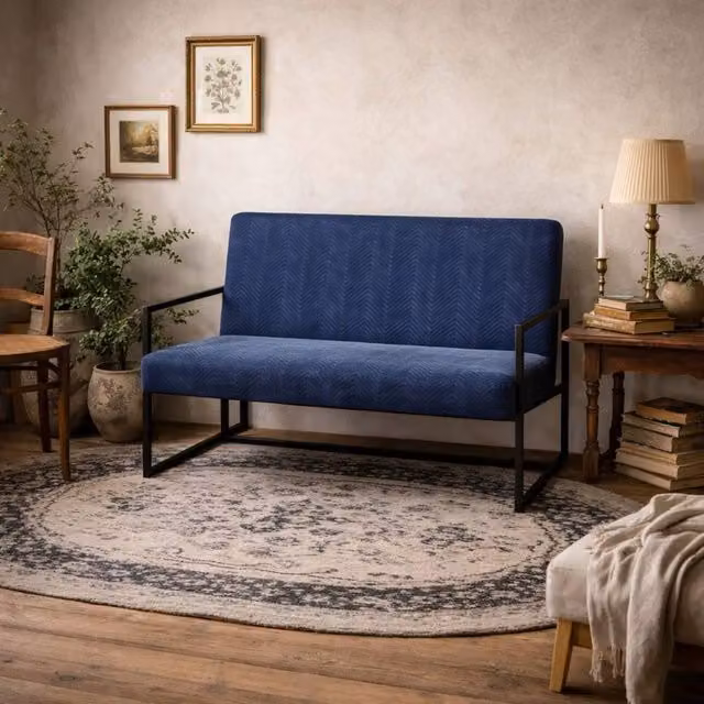 Wyld Haus London Blue Velvet 2 Seater Sofa with Matt Black Metal Legs