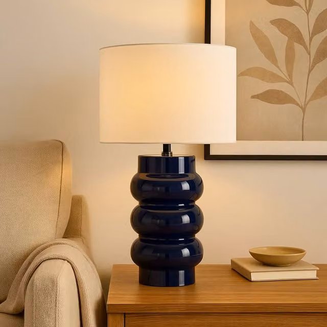Pagazzi Zenya Blue Ceramic Table Lamp with White Fabric Shade, H 55 x W 33 x D 33 cm