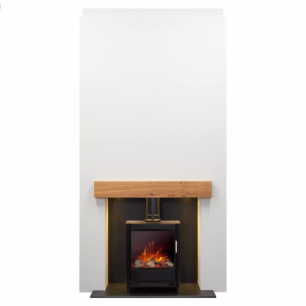Acantha Fires & Fireplaces Pre-Built Media Wall 1 with Keston Black Electric Stove in Natural, W/H: 225 x 116 cm – 2