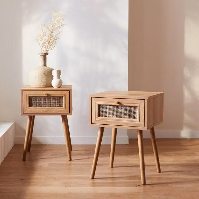 sweeek Pair of Woven Rattan Bedside Tables with Drawer in Light Brown – 1