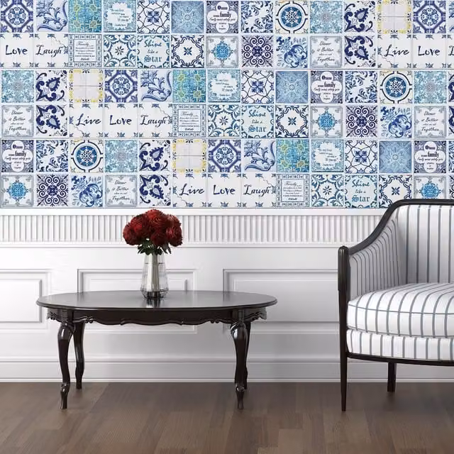 Walplus Blue Geometric Square Adhesive Wall Tile Stickers, 20 x 20 cm, 12 Pack