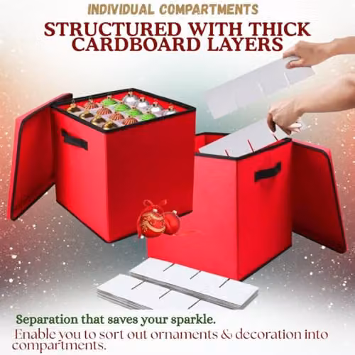 Almineez Red Christmas Tree Bauble Decoration Organiser Box with 4 Removable Trays and Carry Handles, Holds 64 Ornaments – 3