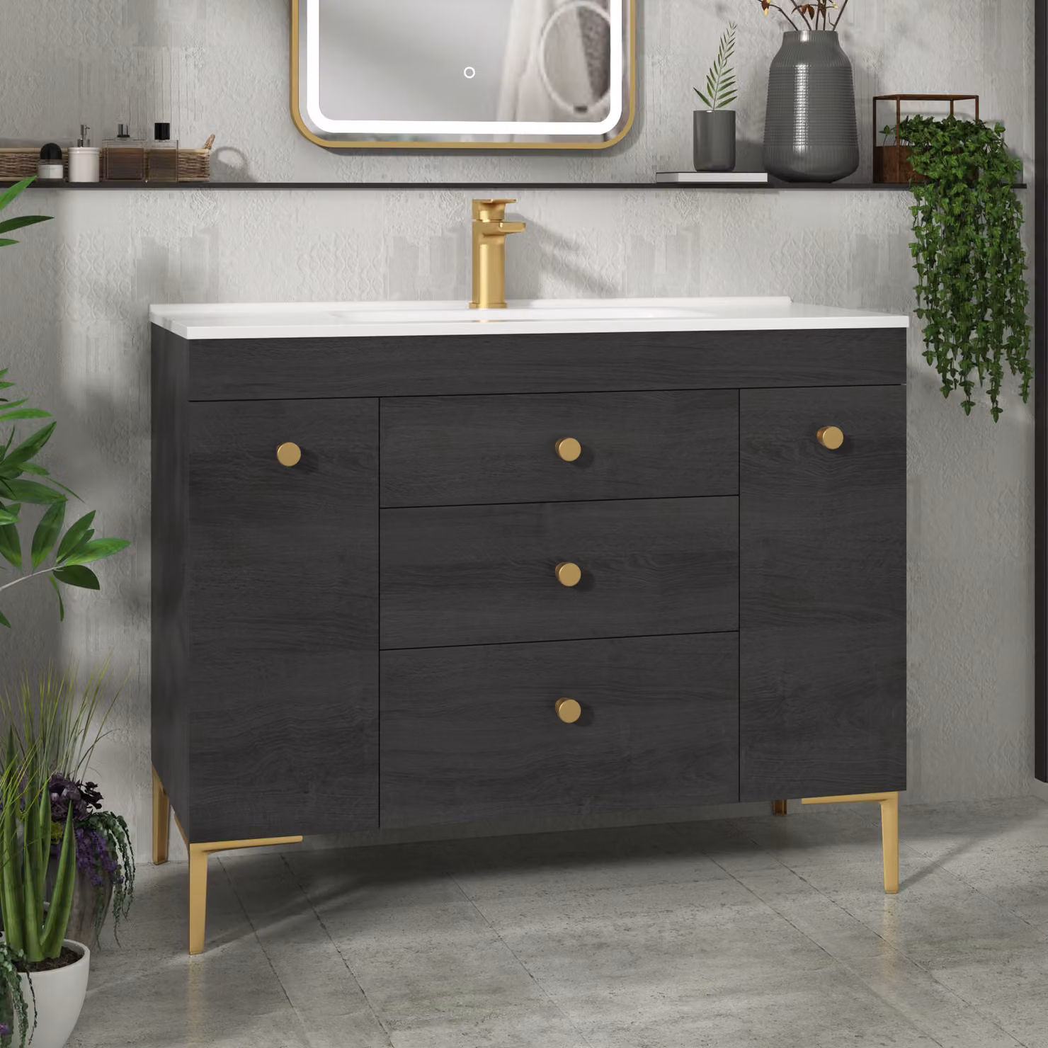 Royal Bathrooms Verona 1000mm Black Woodgrain Floor Standing Vanity Unit with Ceramic Basin and Brushed Brass Knob