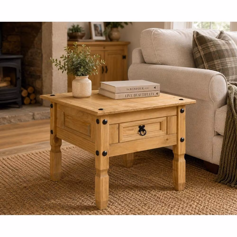 Hinsinc Rustic Mexican Pine 1 Drawer Lamp Table in Brown – 3
