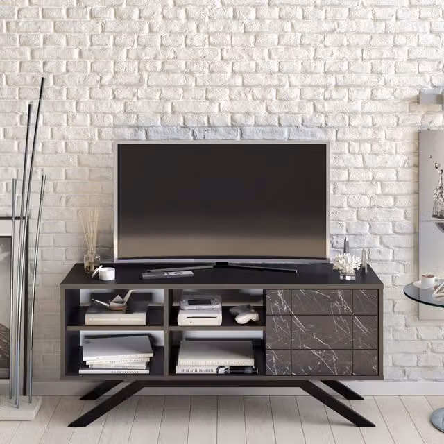 Decorotika North Modern TV Unit in Black and Black Marble Effect