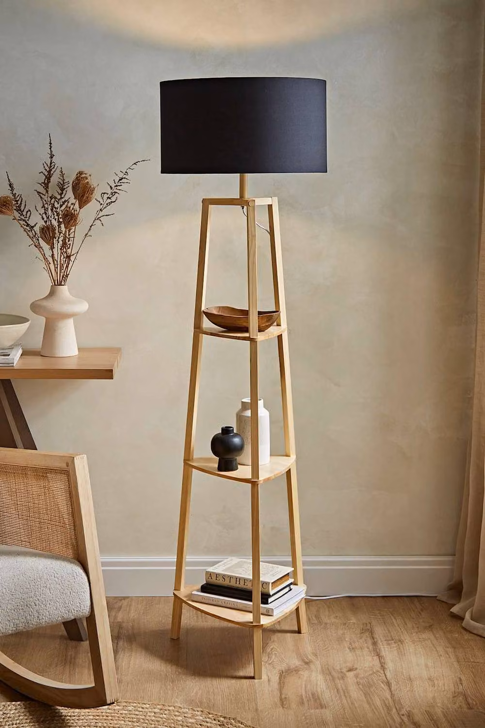 ValueLights Hiru 3 Tier Wooden Shelf Floor Lamp with Black Fabric Cylinder Shade and Bulb – 3