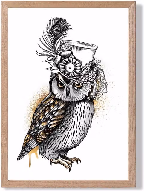 ARTZE Steam Punk Owl Sketch Framed Print, Multicolour Illustration in Yellow Oak Frame, A3