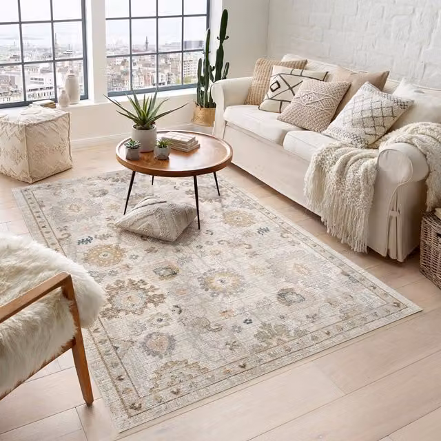 Desire Rugs Maia Washable Non-Slip Floral Traditional Area Rug in Beige, W: 120 cm, L: 180 cm