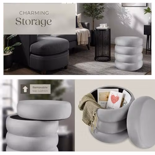 tectake Scandinavian Style Storage Ottoman in Grey with Velvet Bouclé Fabric and Removable Cover, W/D/H: 42 x 47 x 47 cm – 3