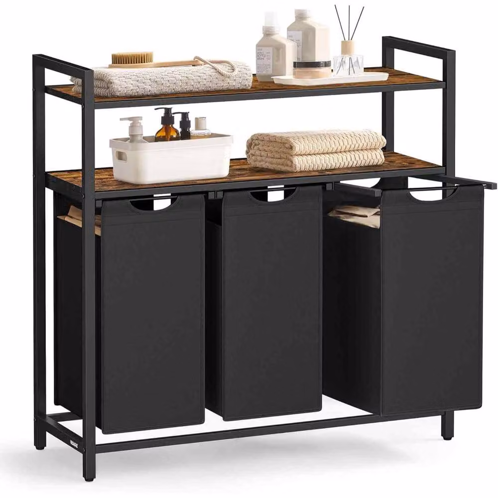 The Bazaarist 3 Bag Laundry Sorter with Pull Out Hampers and Shelves, Brown and Black – 2
