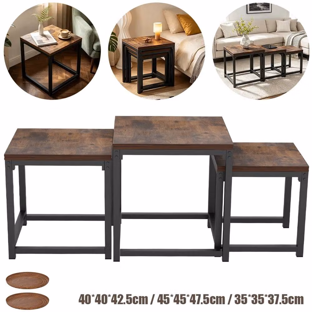 VOGREX Nesting Coffee Table Set of 3 in Brown and Black Industrial Style – 2