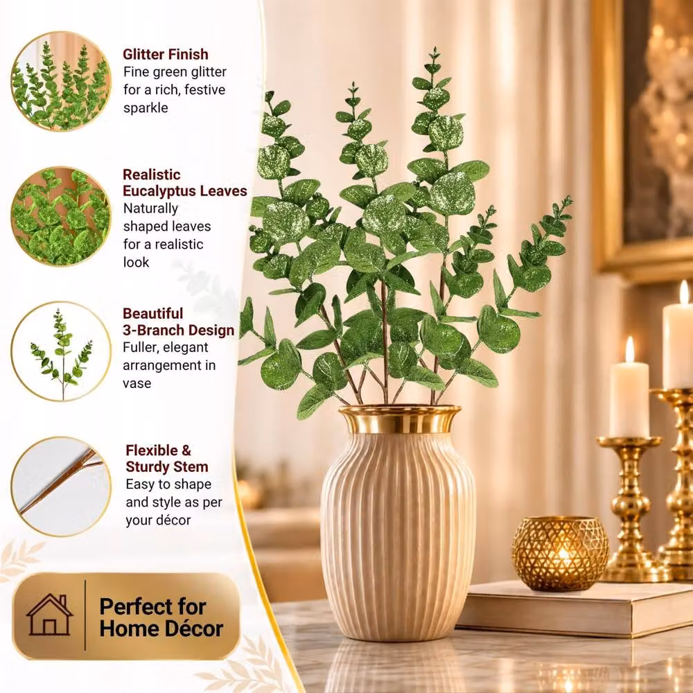 Shatchi 12 Pack Green Glitter Artificial Eucalyptus Christmas Tree Picks, Height: 55 cm – 4