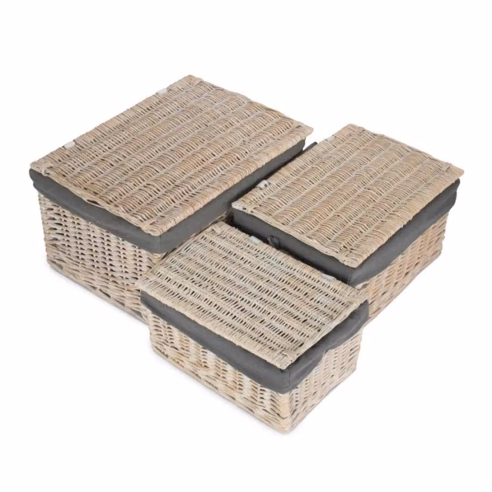 Red Hamper Set of 3 Grey Wicker Storage Baskets with White Wash Steamed Cotton Lining