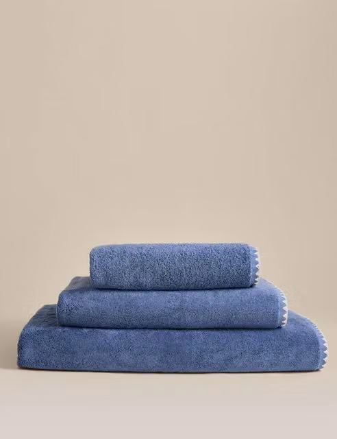 M&S Egyptian Cotton Blue Terry Towel with Embroidered Blanket Stitch Border
