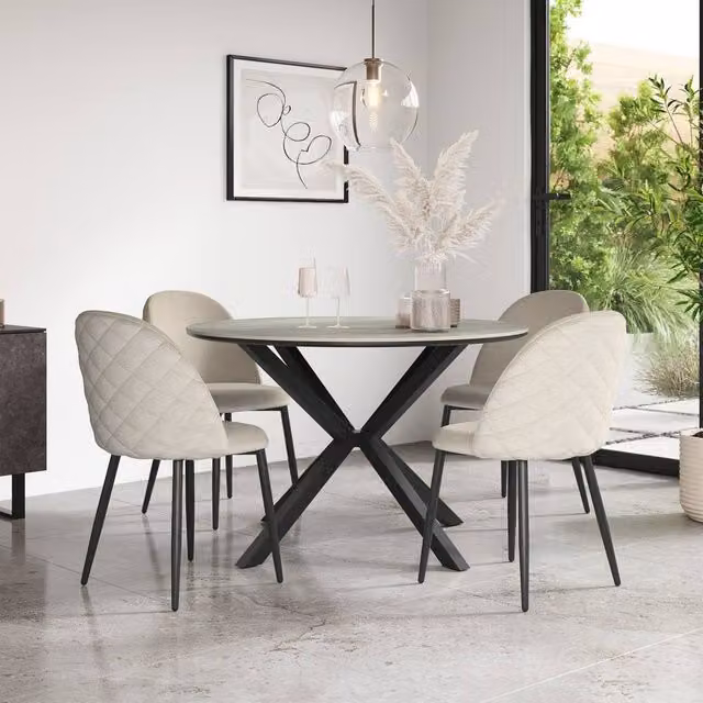 More4Homes Calne Round Ceramic Dining Table in Light Grey with 4 Raye Velvet Chairs in Beige, Diameter: 120 cm, Height: 75 cm