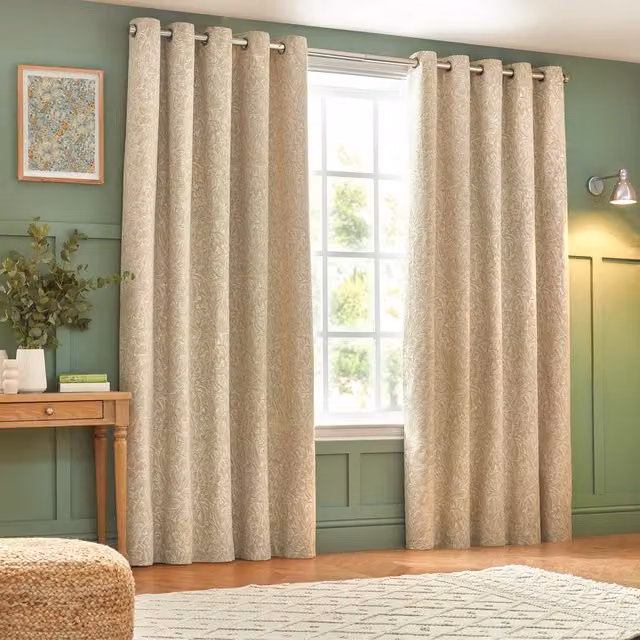 Grantley Set of 2 Floral Jacquard Eyelet Curtains in Beige and Yellow, W: 137 cm, H: 168 cm