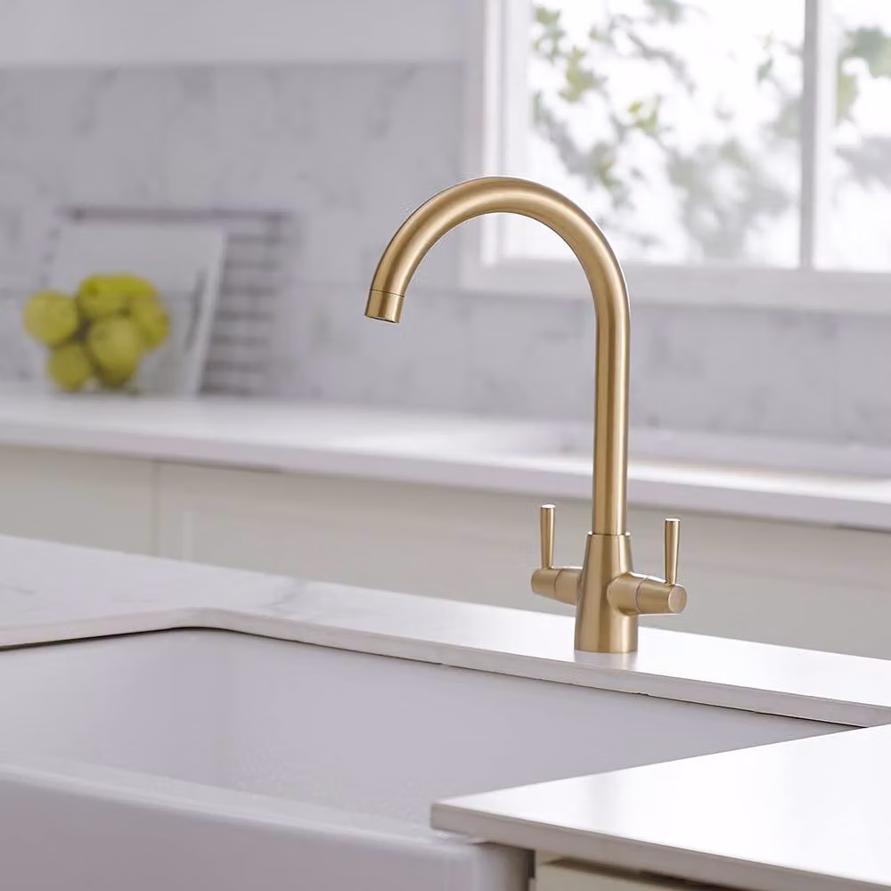 Heable Dual Lever Kitchen Mixer Tap with Swivel Spout in Brushed Gold – 2