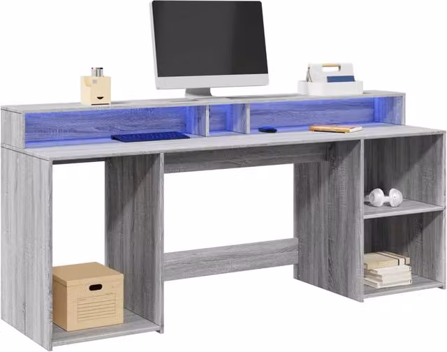 Berkfield Grey Sonoma Gaming Desk with LED Lights, W/D/H: 200 x 55 x 91 cm