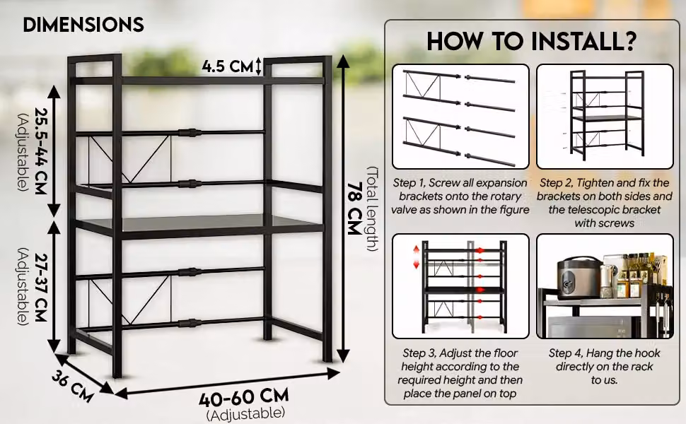 Hygrad 2-Tier Heavy Duty Extendable and Adjustable Microwave Oven Stand in Black Metal with 3 Hooks – 10