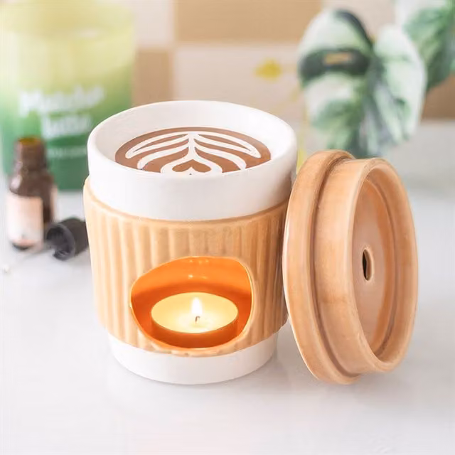 Gloriously Good Brown Ceramic Abstract Round Tabletop Tealight Coffee Lover Aromatherapy Burner