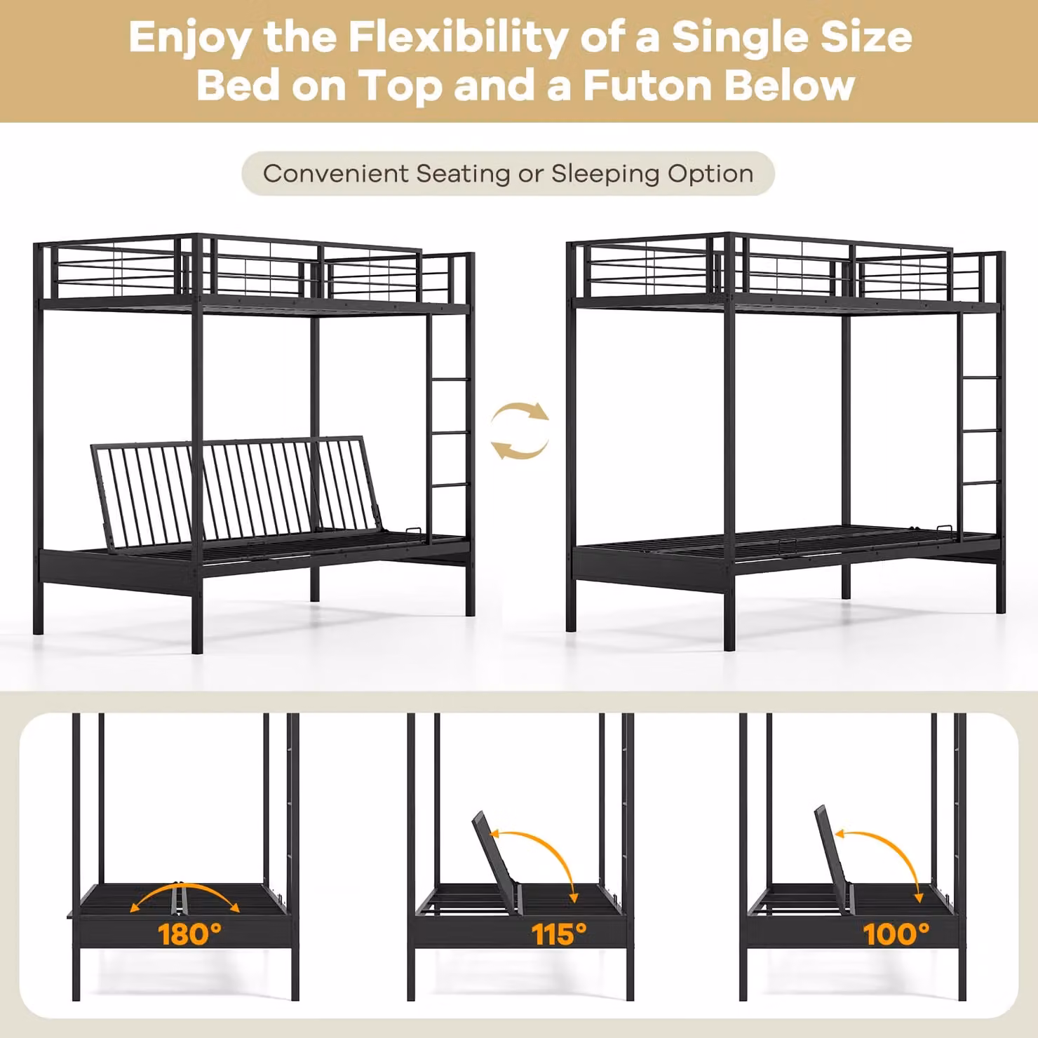 Gymax Single Over Futon Bunk Bed with Ladder and Bedside Shelf, Black – 8