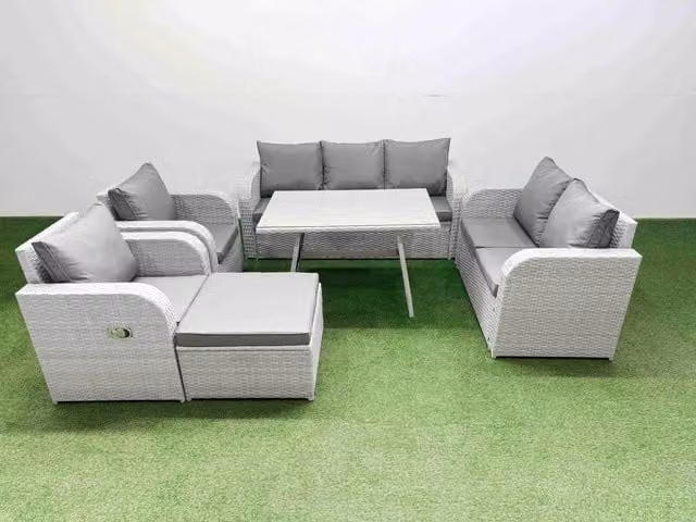Fimous Outdoor Garden Furniture Set in Light Grey with 3-Seater Sofa, Reclining Armchair, Ottoman and Rectangular Coffee Table
