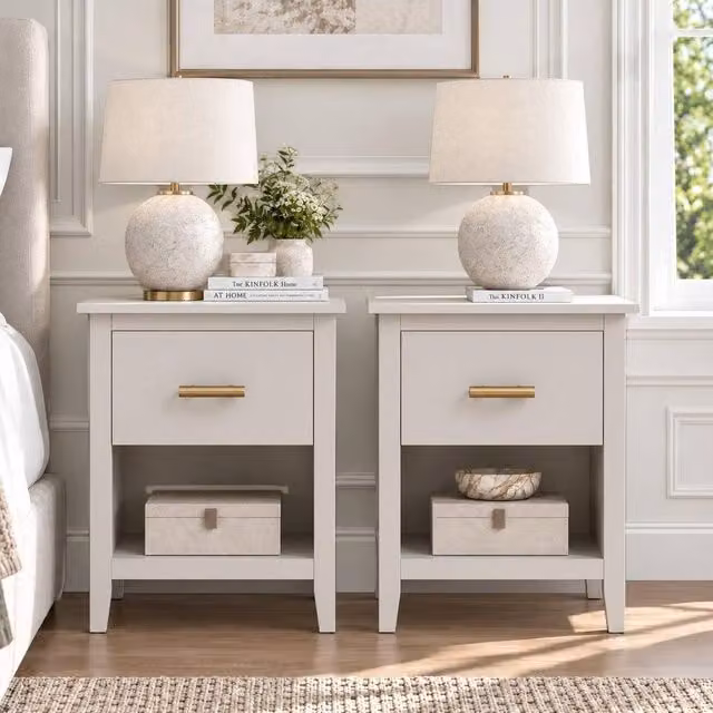 Merax Set of 2 Modern Style Bedside Tables with Drawer and Open Shelf in Beige – 1