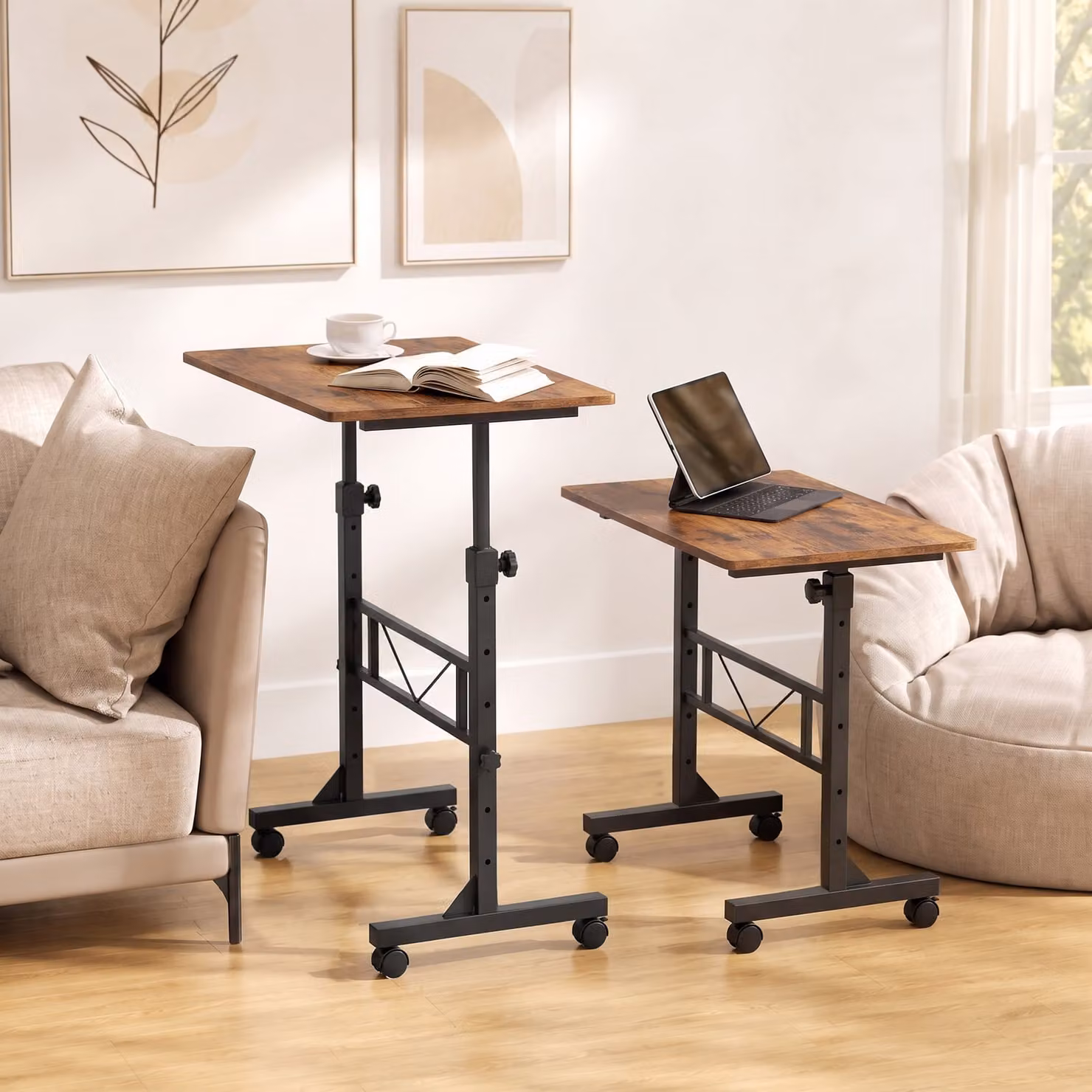 HOMCOM Adjustable Height Overbed Table with Wheels, Rustic Brown and Black – 2
