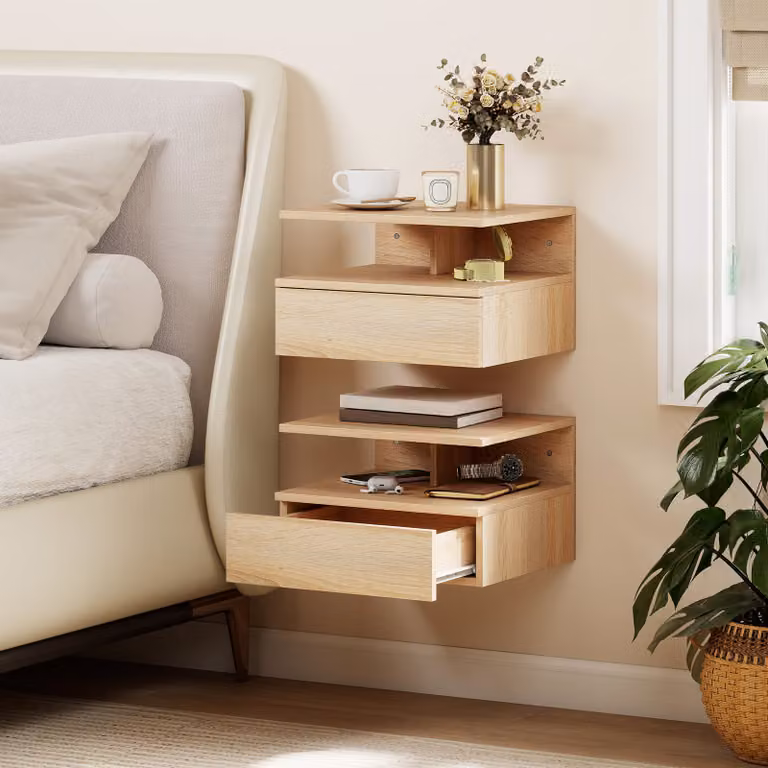 HOMCOM Set of Two Modern Wall Mounted Floating Bedside Tables in Brown Oak Finish