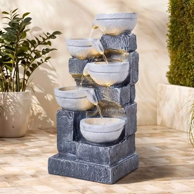 EONLION Electric Floor Standing Stone Cascade Statue Fountain with LED Light, Grey, Height: 100 cm – 1