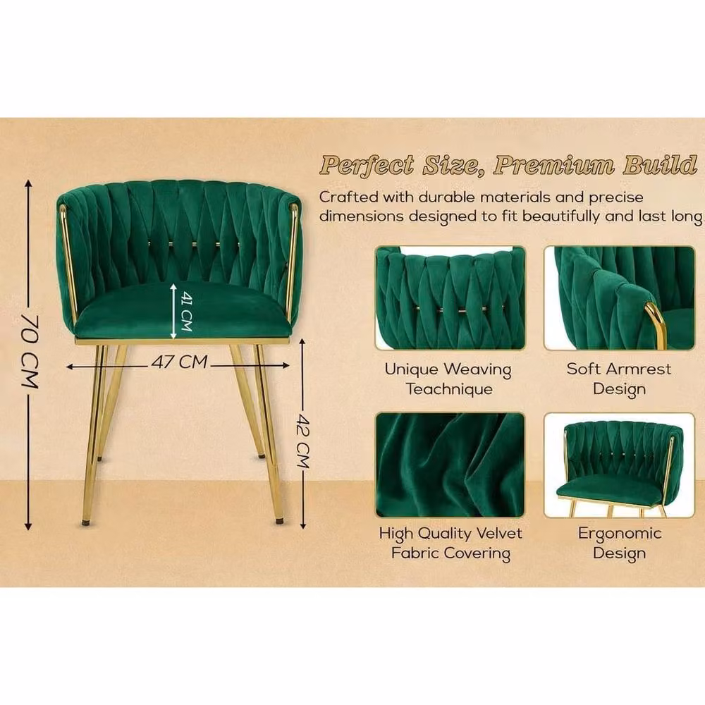 SPETLEK Set of 2 Modern Green Velvet Dining Chairs with Gold Metal Armrests – 2