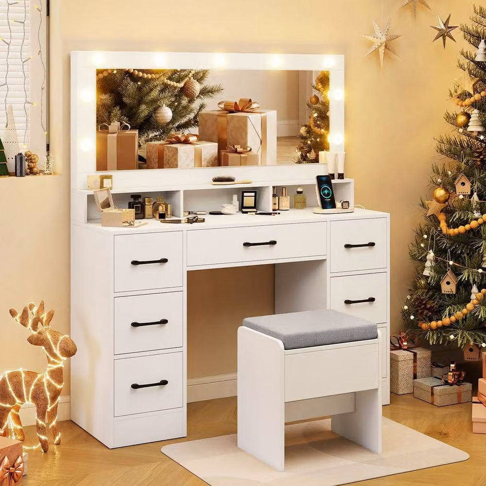 Costway Modern White Vanity Desk with Hollywood LED Mirror and 7 Drawers – 3