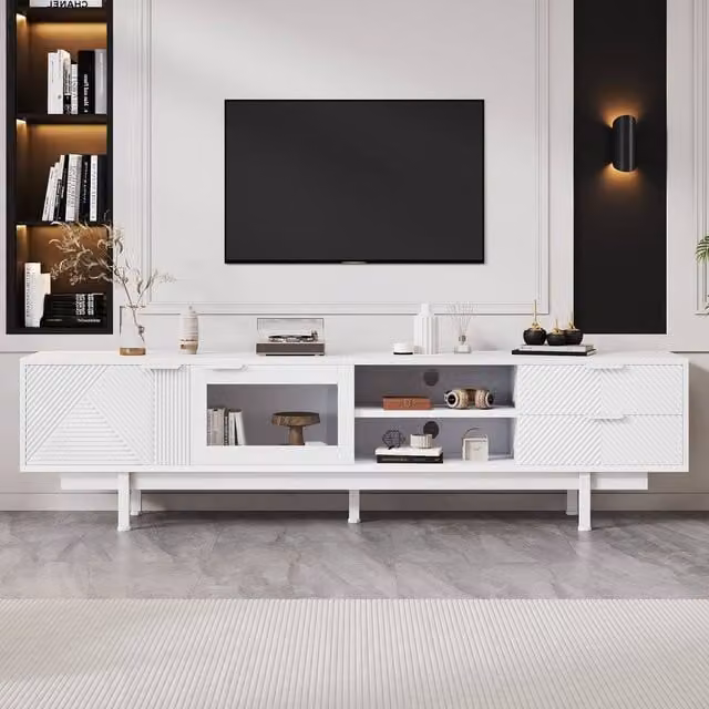 Rolipo Modern White TV Unit Cabinet with Media Compartments and Cable Management, Width: 200 cm