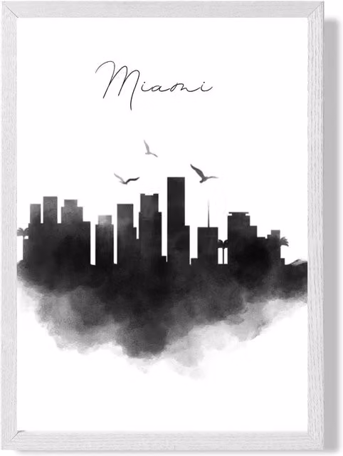ARTZE Miami Watercolour Skyline City Framed Print, Black and White, A4