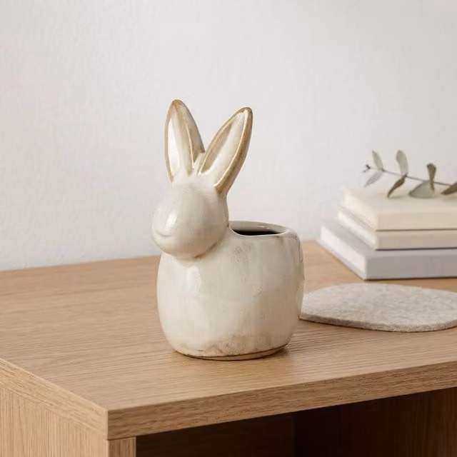 Garden Greatness Springtime Rabbit Ceramic Tabletop T-Light Holder in White and Beige