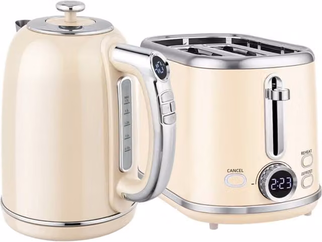 Rolipo Cream Retro Kettle and Toaster Set with 40-100°C Control and 1.7L Capacity in Beige and Stainless Steel